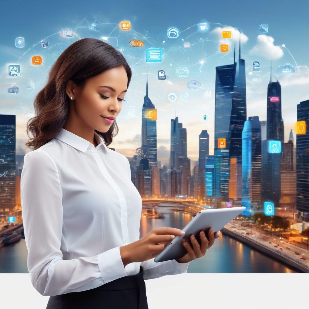 A modern, sleek digital interface showcasing diverse insurance options with a person using a tablet, surrounded by vibrant, eye-catching icons representing affordability and speed. Include a backdrop of a cityscape merging with digital elements like cloud computing symbols. The atmosphere conveys innovation and accessibility. super-realistic. vibrant colors. white background.