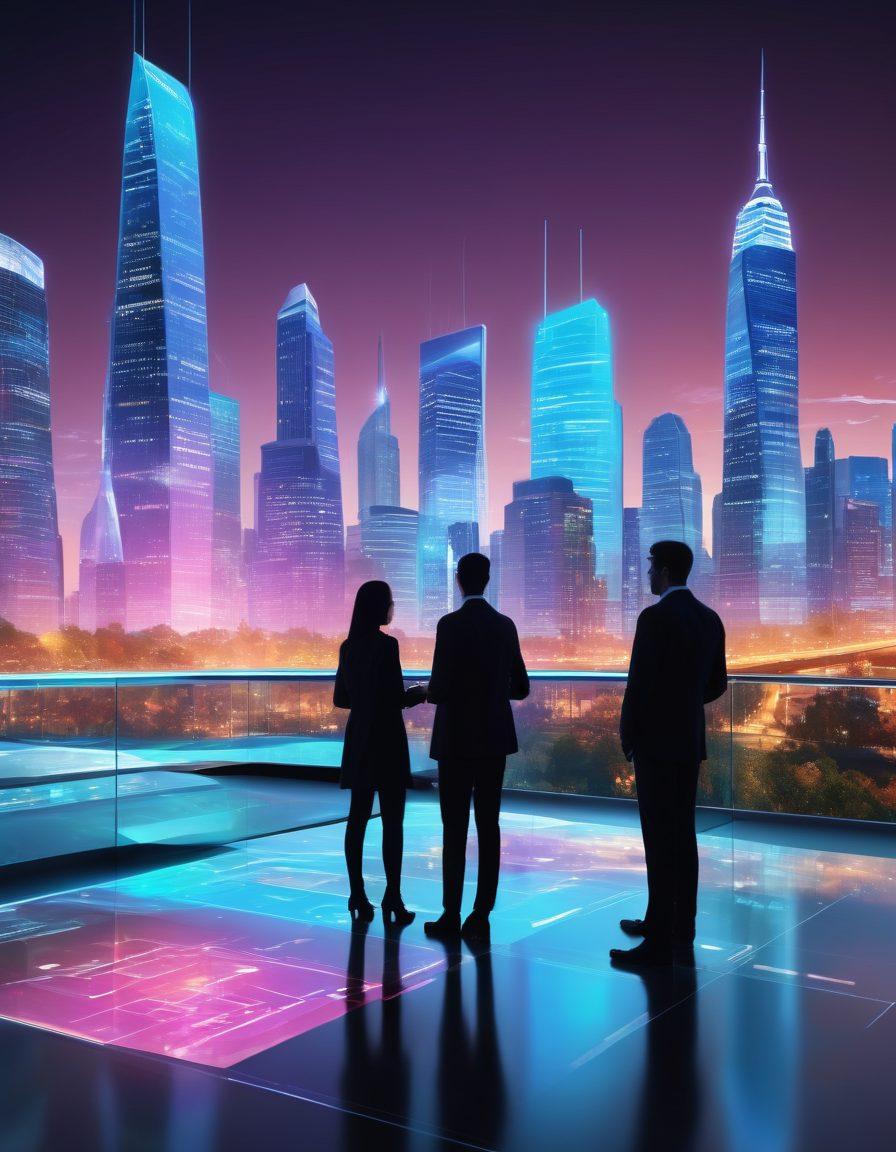 A futuristic digital landscape featuring a diverse group of people engaging with advanced insurance technology through sleek tablets and holographic displays. The backdrop showcases a vibrant city skyline with floating data visualizations that represent affordability and efficiency. Bright colors emphasize a sense of innovation and accessibility. super-realistic. vibrant colors. 3D.